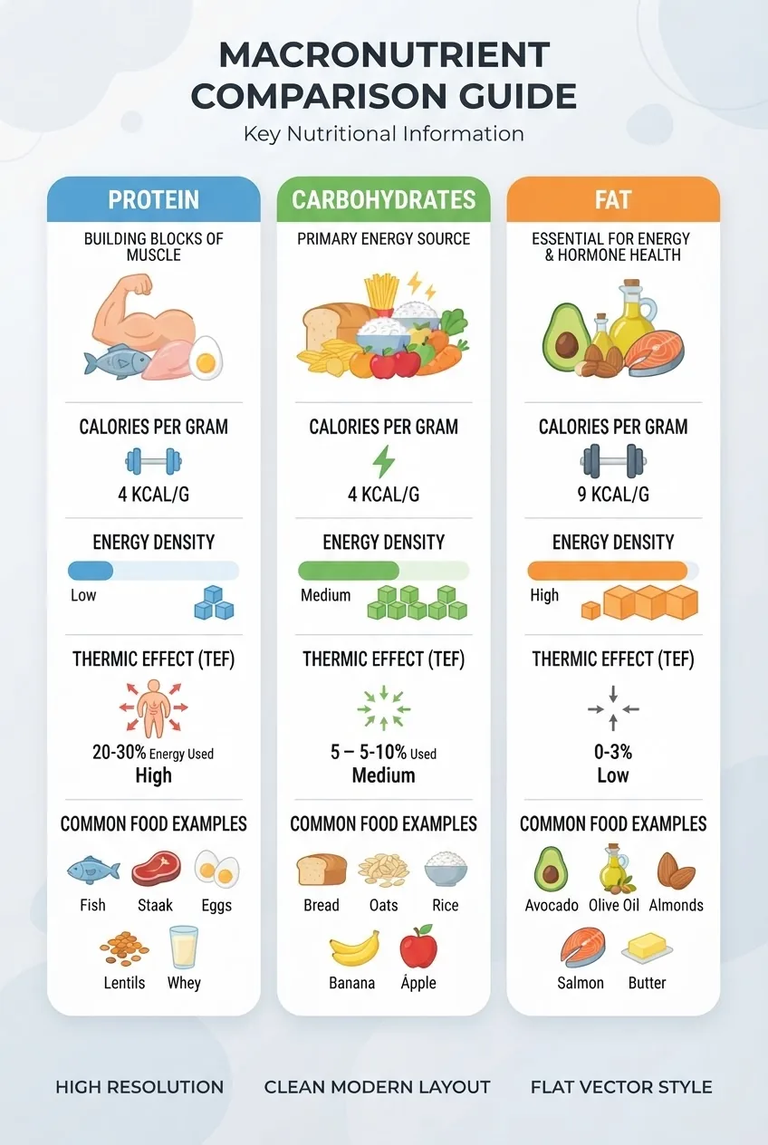 A clean three-column infographic comparing protein, carbohydrates, and fat showing calories per gram, energy density, thermic effect