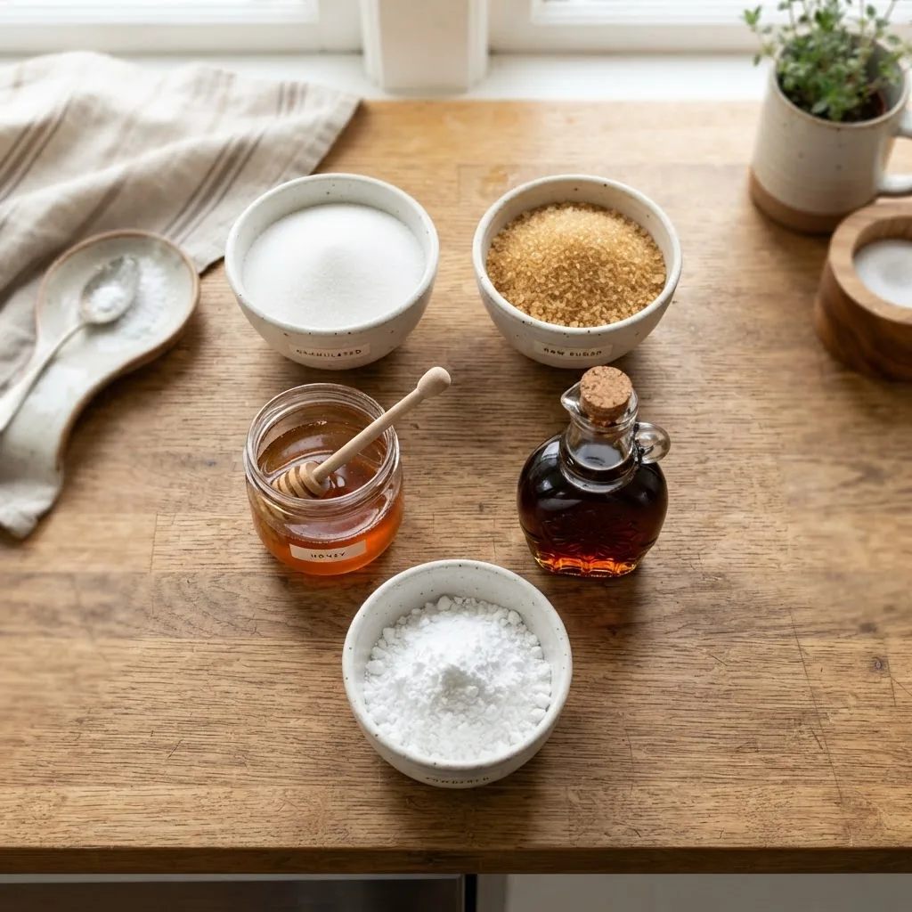 High-resolution image showing various sugar types arranged on small bowls: white granulated sugar, raw sugar, honey in a jar, maple syrup