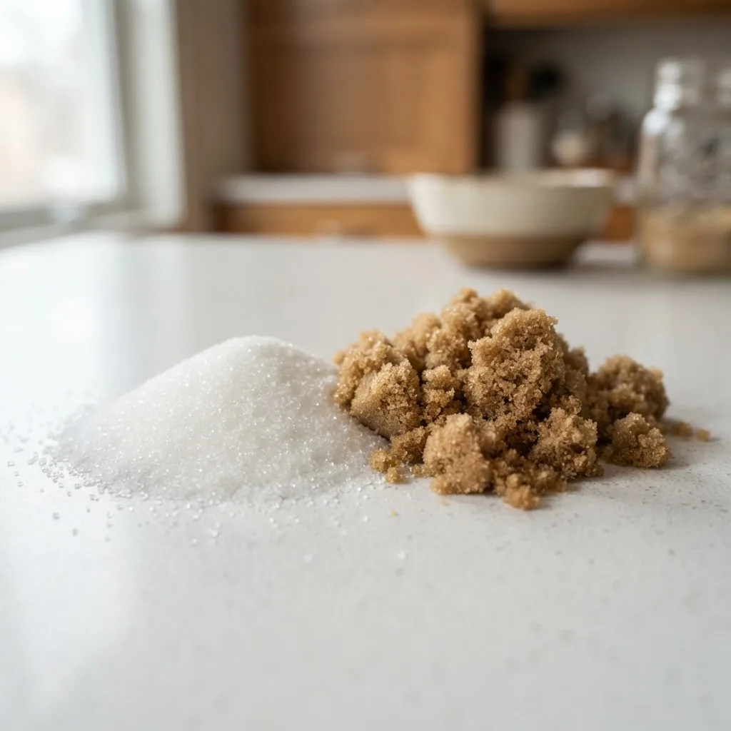 Close-up photograph of granulated white sugar and brown sugar piles side by side on a clean kitchen countertop under natural daylight,