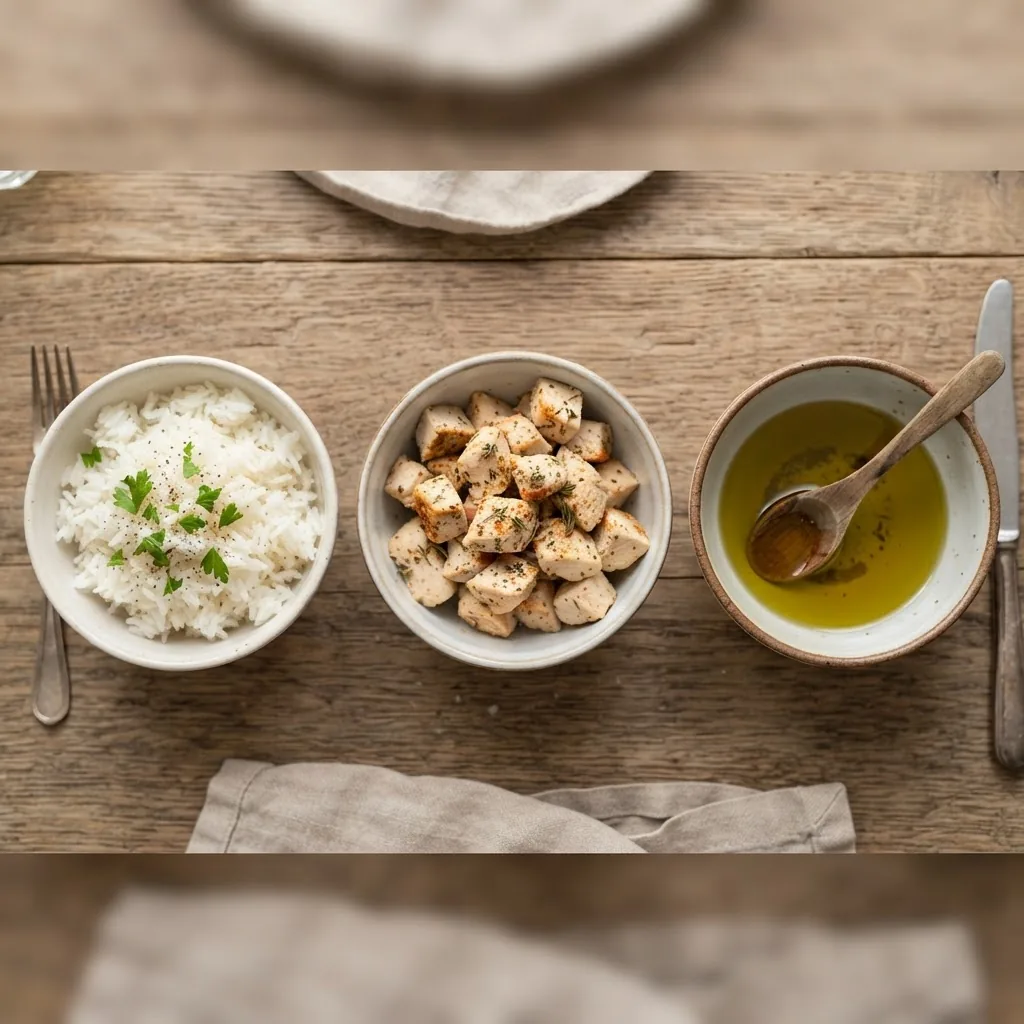 A visually appealing image of three separate small bowls each containing a food representing carbohydrates, fats, and proteins (e.g., rice,