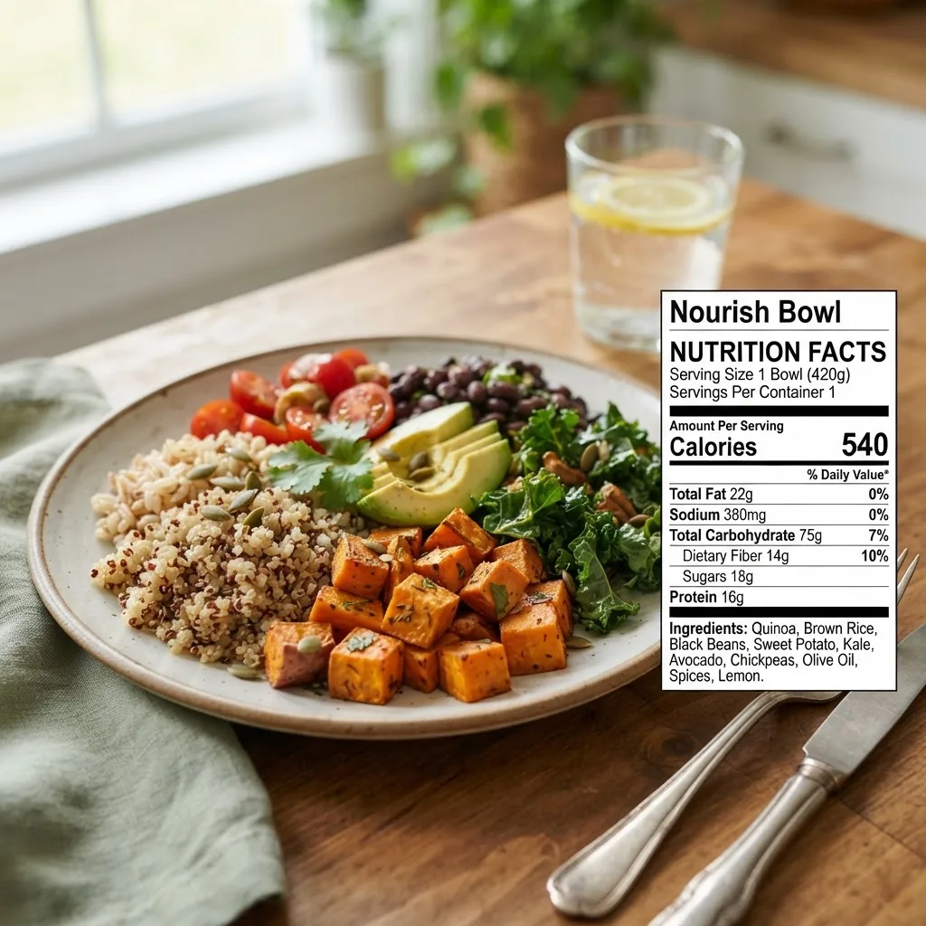 A close-up image of a balanced food plate showing carbohydrate-rich foods (like whole grains, fruits, vegetables) and a nutrition label in