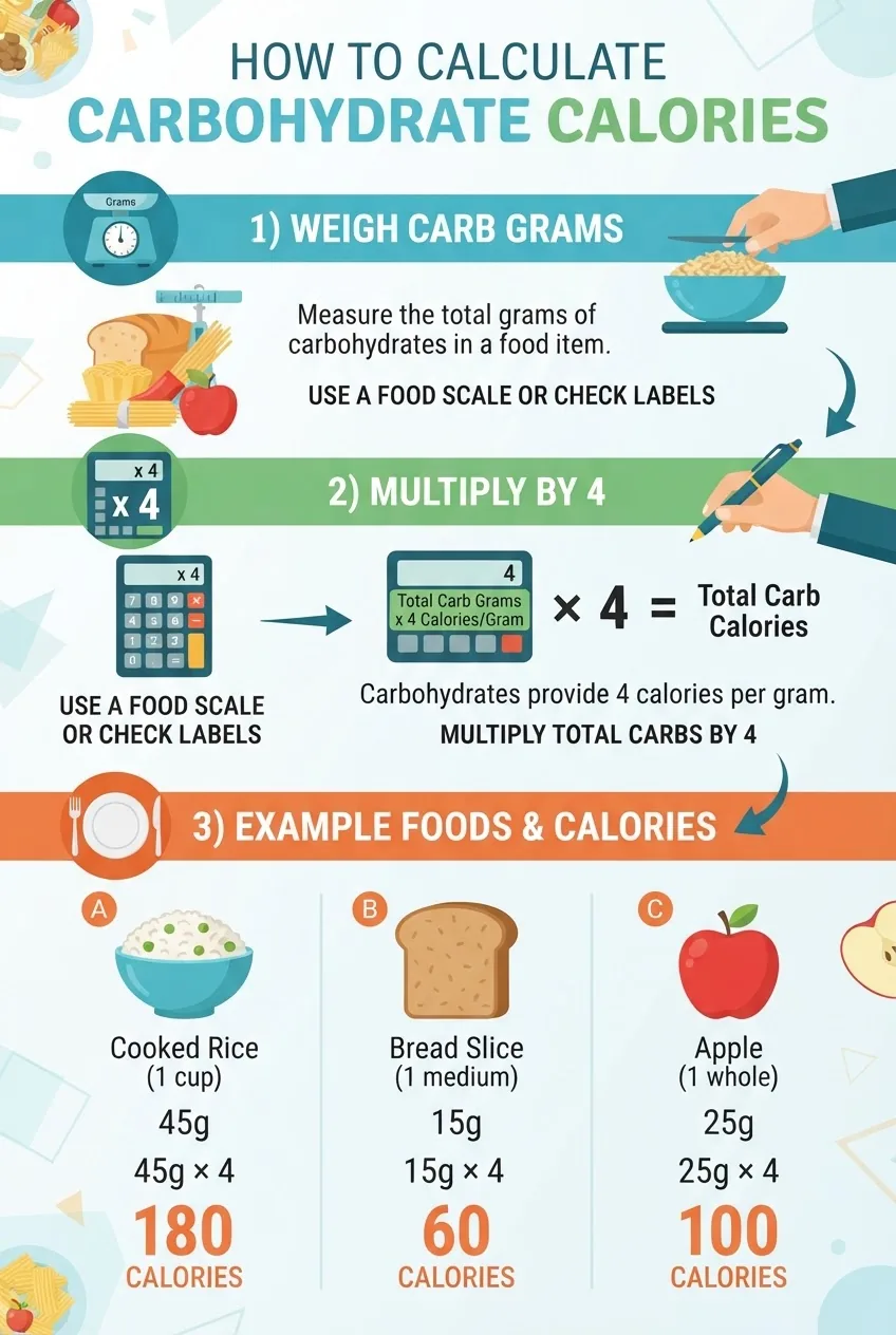 An infographic illustrating a step-by-step process of calculating carb calories: 1) weigh carb grams, 2) multiply by 4 calories per gram,