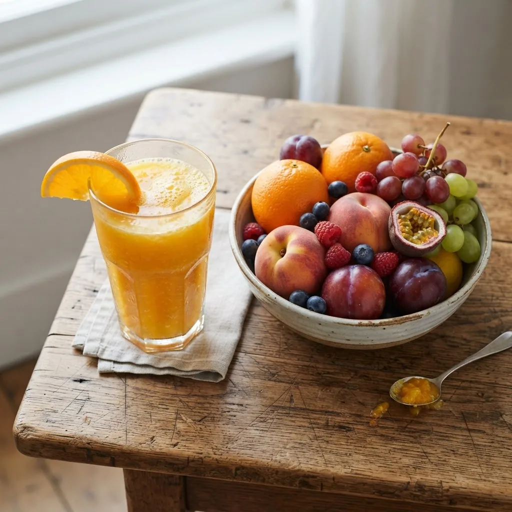 a glass of fresh fruit juice next to a bowl of mixed whole fruits, shot from above on a wooden table with soft natural light to highlight