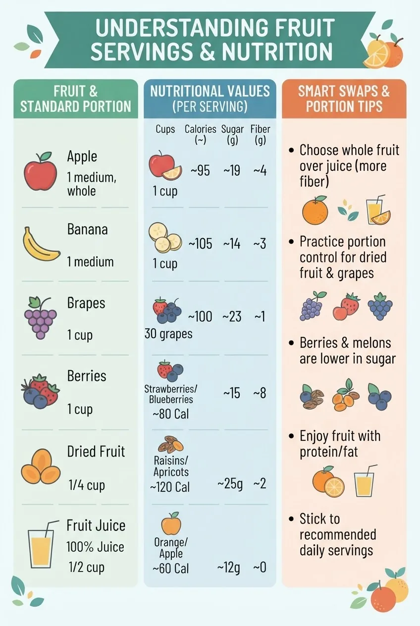 shows how to count fruit servings and convert common portions (apple, banana, grapes, berries, dried fruit, juice) into cups, calories,