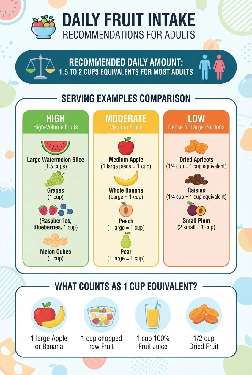 A clean, colorful infographic showing daily fruit intake recommendations for adults with icons of common fruits, portion sizes illustrated