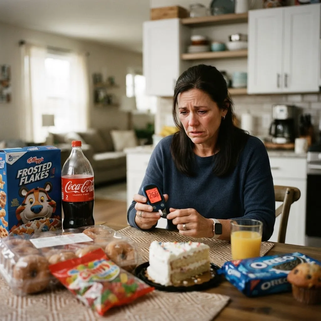 a typical American diet scene with various sugary foods and drinks on a kitchen table, juxtaposed with a worried adult person looking at a