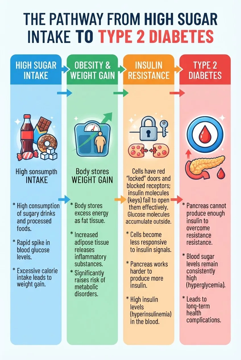 Infographic showing the pathway from high sugar intake to obesity, then to insulin resistance and finally to type 2 diabetes; includes four