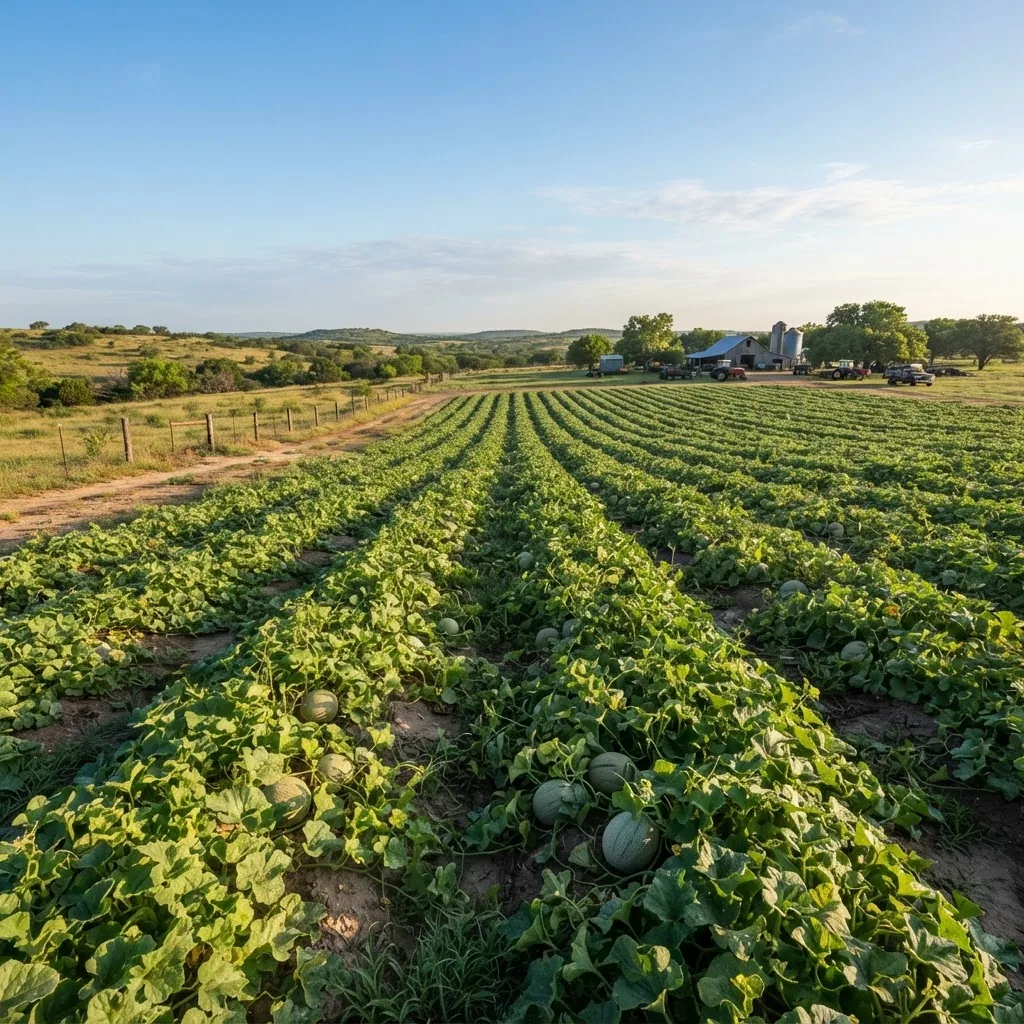 a wide-angle image of a Texas cantaloupe field under clear blue sky, rows of green melon vines with visible immature cantaloupes, early