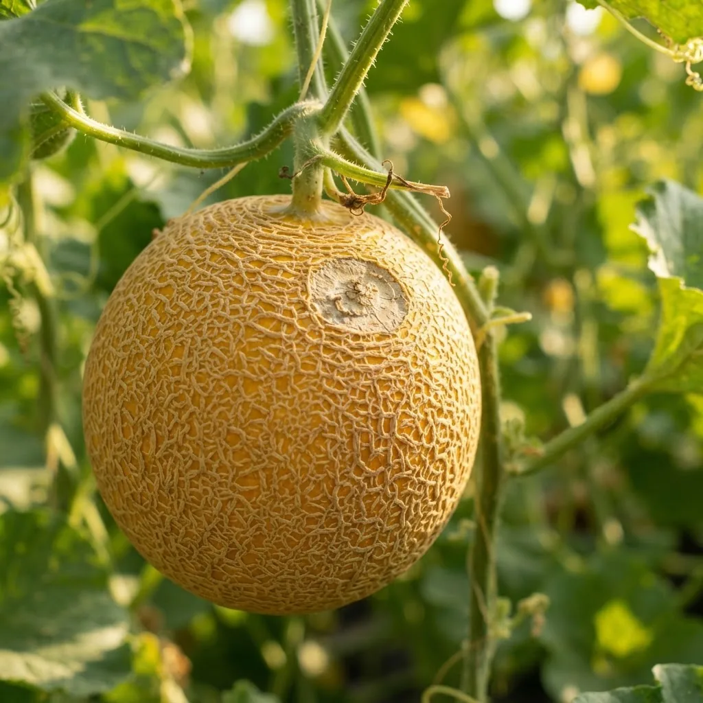 a close-up shot of a ripe cantaloupe on the vine in natural sunlight; focus on the yellow-orange netted rind and the stem detachment point,