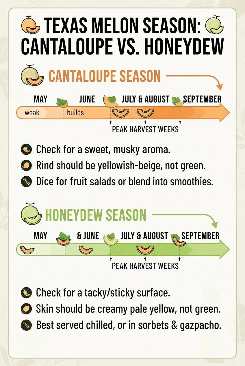 compares cantaloupe and honeydew melon seasons in Texas; two horizontal timeline bars showing respective in-season months, icons of