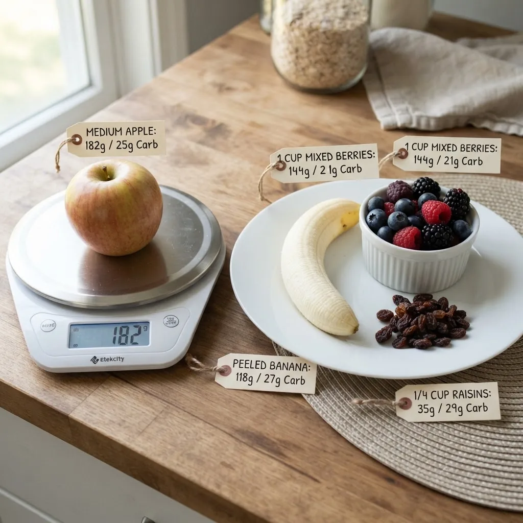 a measuring scale and a plate with common fruit portions: 1 medium apple, 1 banana, 1 cup berries, and 1/4 cup raisins, labeled with grams