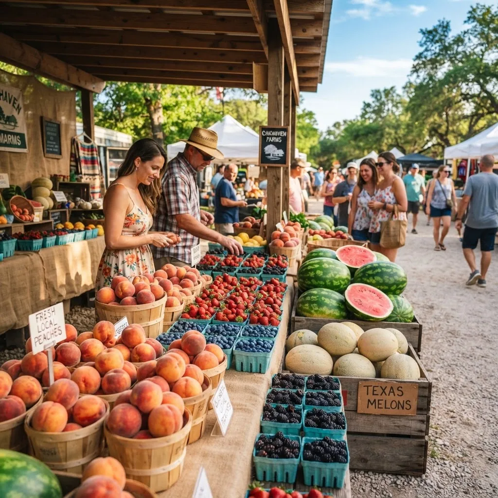 Outdoor market scene in Texas showing seasonal fruits (peaches, watermelons, berries) displayed in baskets with sunlight and people