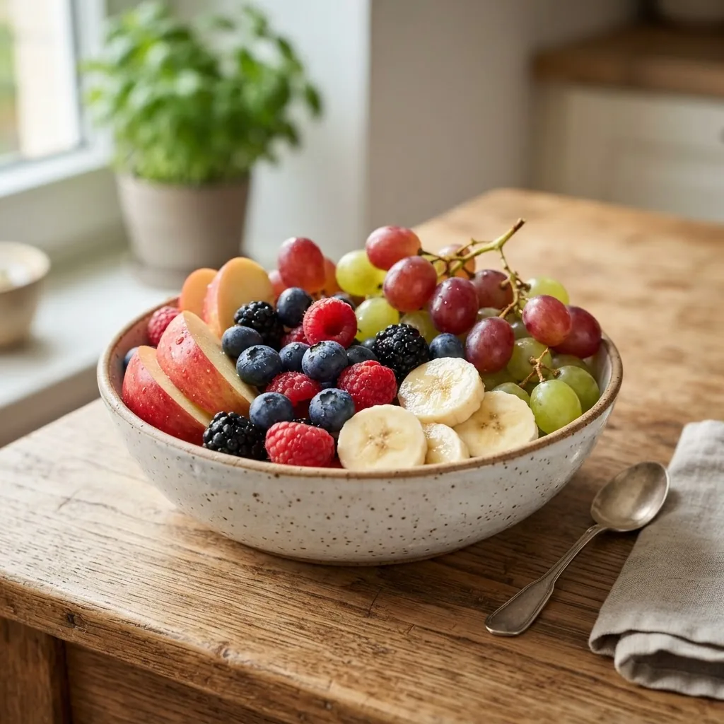 Close-up photo of a bowl with a variety of fresh fruits (apple slices, berries, bananas, grapes) arranged on a wooden kitchen table with
