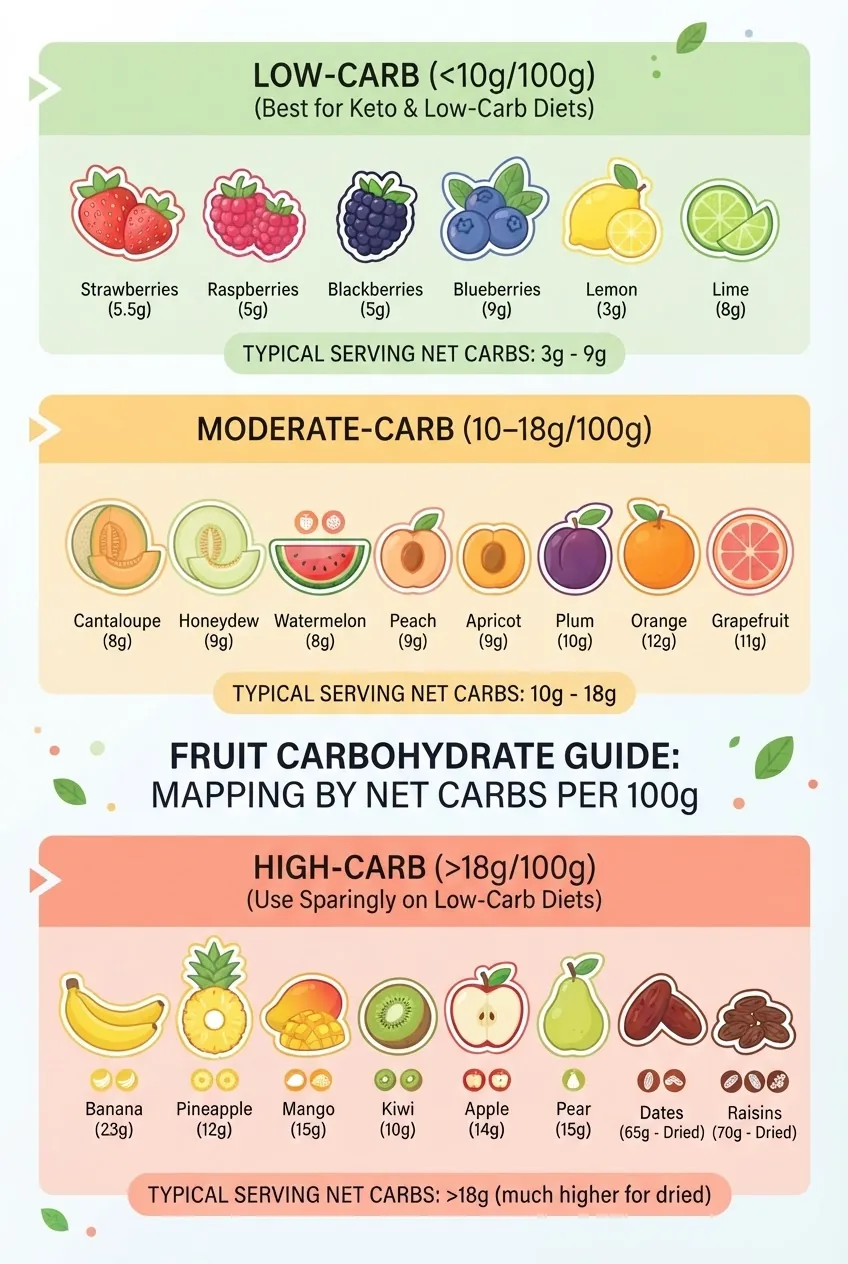 maps fruits into three horizontal bands: Low-carb (<10g/100g), Moderate-carb (10–18g/100g), High-carb (>18g/100g). Include icons for