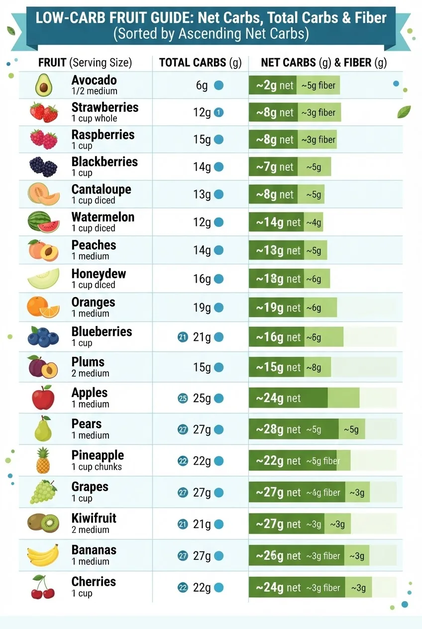 shows a table layout with three columns: fruit name with realistic fruit icons or images, total carbohydrates per standard serving (grams),