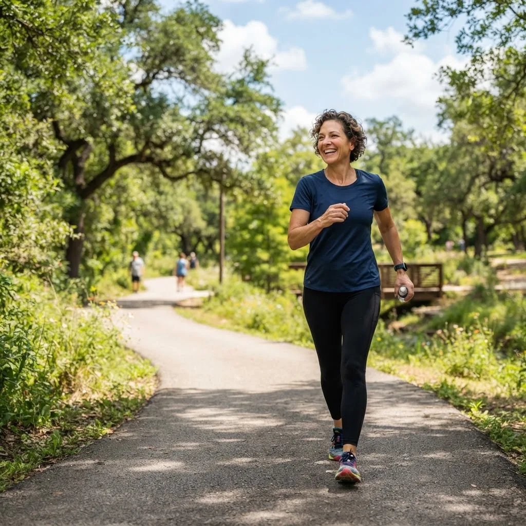a cheerful middle-aged adult performing moderate aerobic exercise, such as brisk walking outdoors in a Texas park setting during daytime,