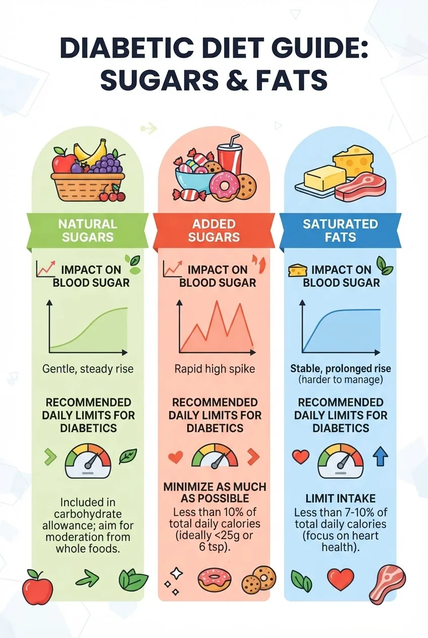 A clean infographic showing three columns labeled "Natural Sugars," "Added Sugars," and "Saturated Fats," each with icons (fruit, candy,