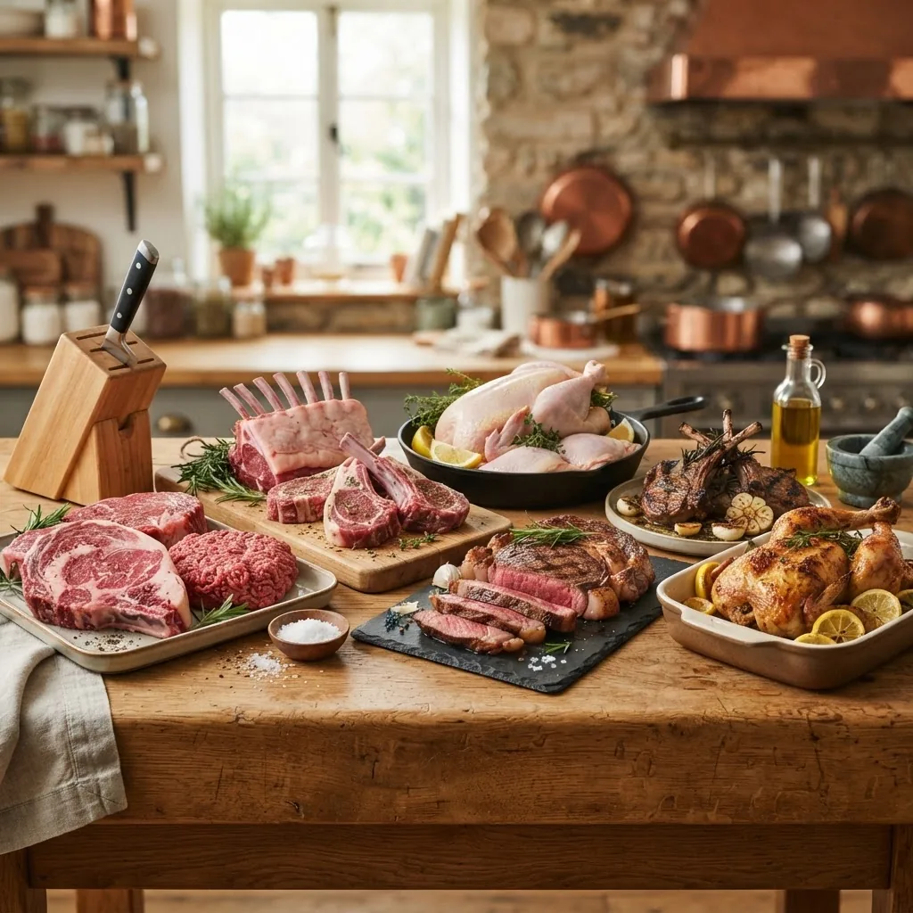 a diverse selection of raw and cooked meats (beef, lamb, chicken) on a rustic wooden table, natural daylight, warm tones, kitchen setting,