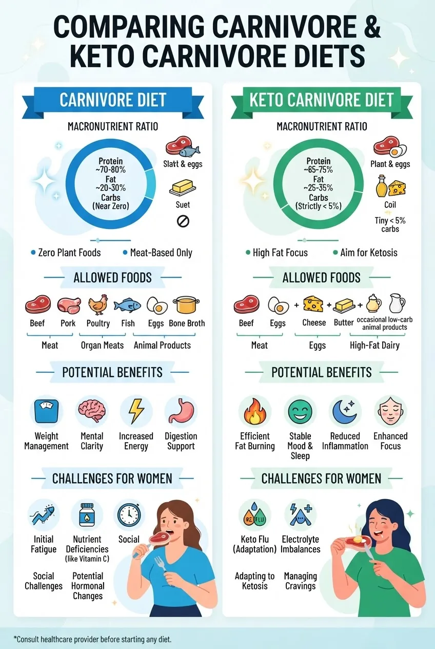 with two columns comparing “Carnivore Diet” and “Keto Carnivore Diet” focusing on macronutrient ratios, allowed foods, potential benefits,