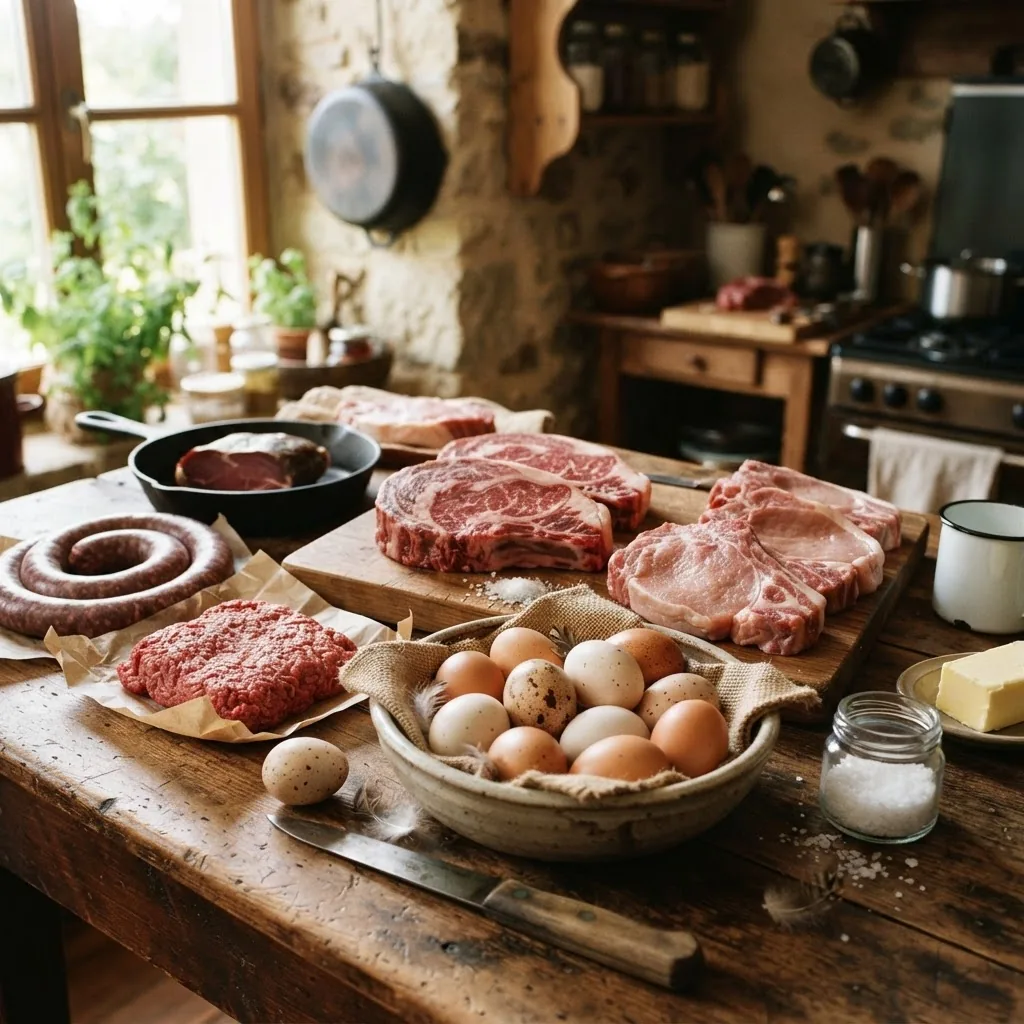 Close-up of a hunter's rustic kitchen table spread with fresh cuts of various meats including beef steak, pork chops, and eggs under warm