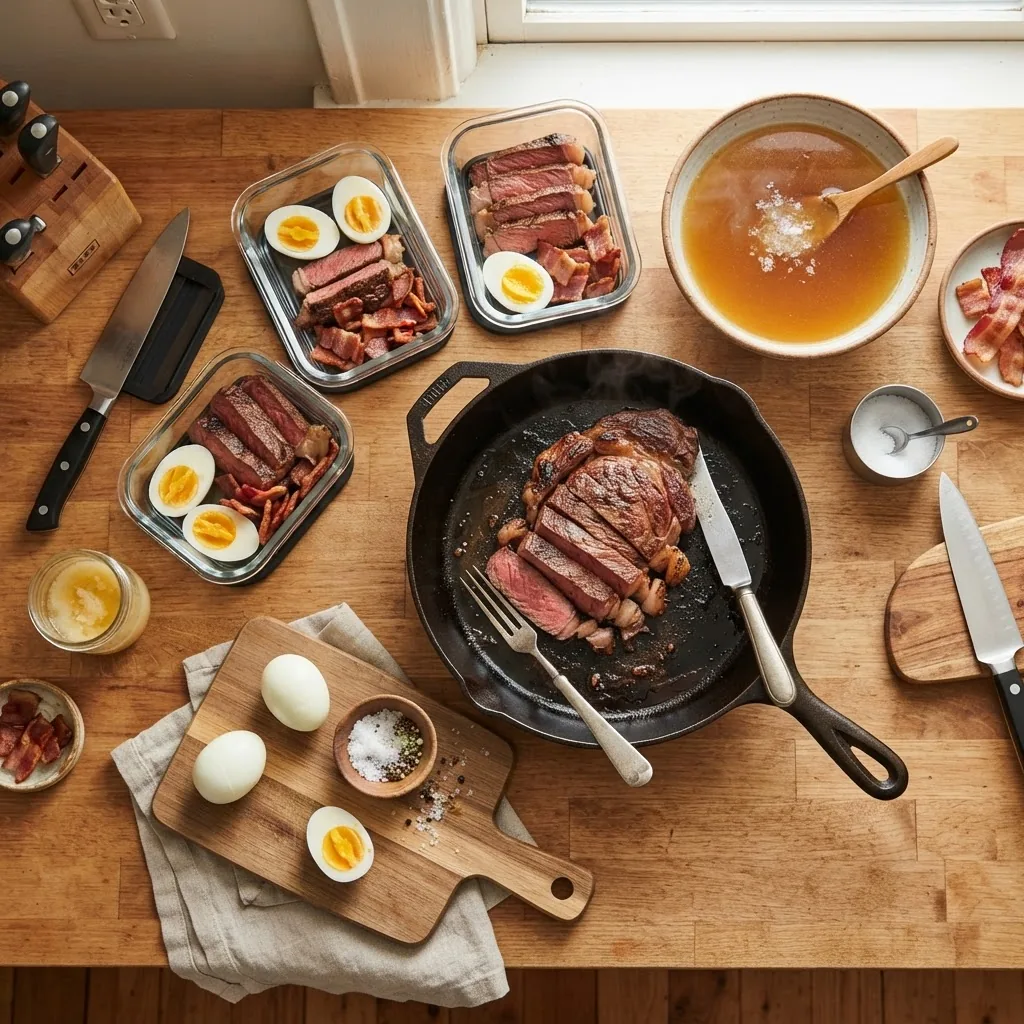 A top-down view of a carnivore diet meal prep station with cooked ribeye steak, boiled eggs, bone broth in a rustic bowl, and cast iron