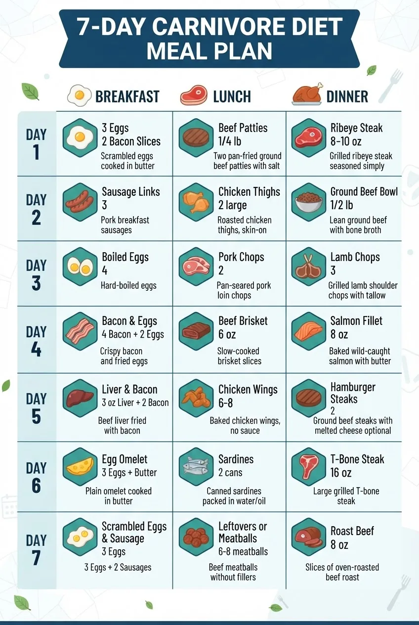 An infographic detailing a 7-day carnivore diet meal plan with three columns: Breakfast, Lunch, Dinner; each column includes icons of meat