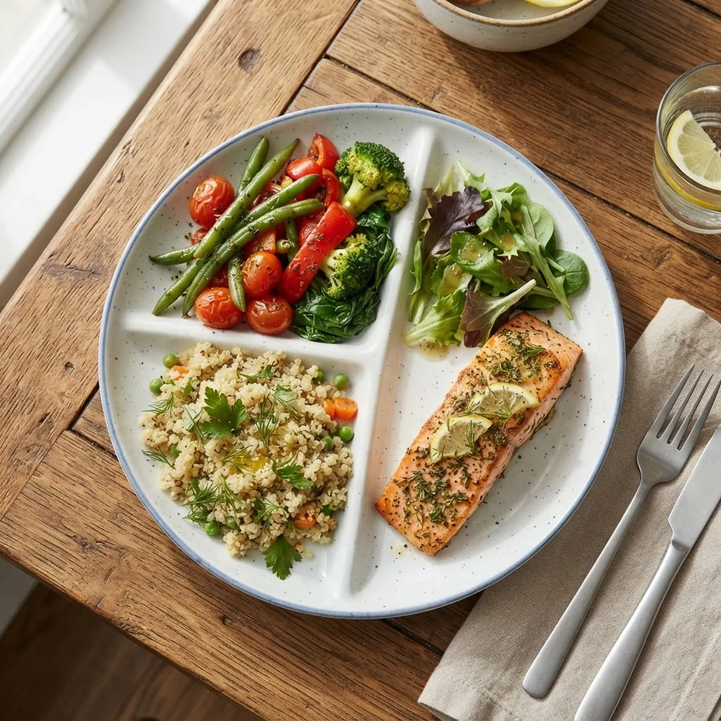 top-down view of a balanced plate divided into consistent carbohydrate portions with colorful vegetables, lean protein, and measured carb