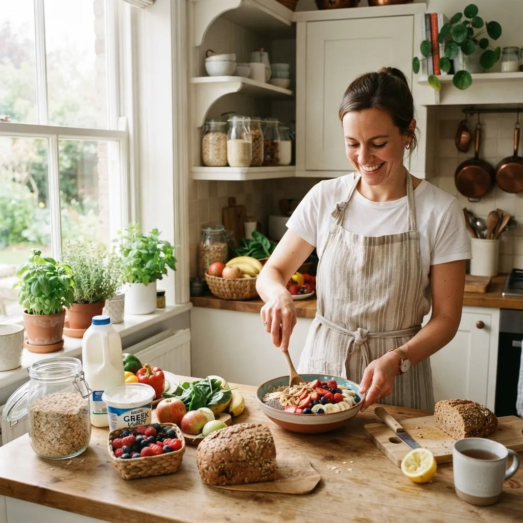 bright kitchen scene with a person preparing a healthy meal featuring common carbohydrate foods like whole grains, fruits, and dairy, with
