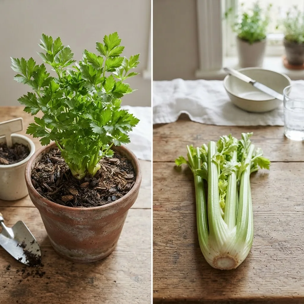 A side-by-side flat lay photo showing whole celery plants growing in soil next to harvested celery stalks in a kitchen setting,