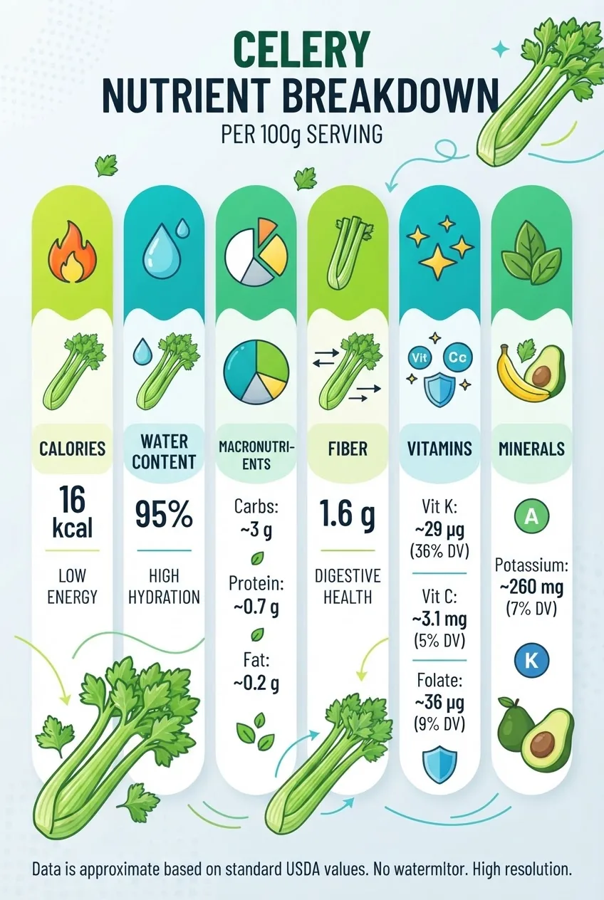 shows celery’s nutrient breakdown per 100g serving: columns for calories, fiber, vitamins (K, C, folate), minerals (potassium), water