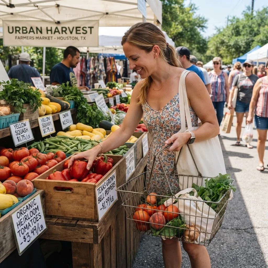 a shopper selecting fresh produce at a farmer’s market in Texas, with visible price tags and shopping basket; sunny outdoor setting,