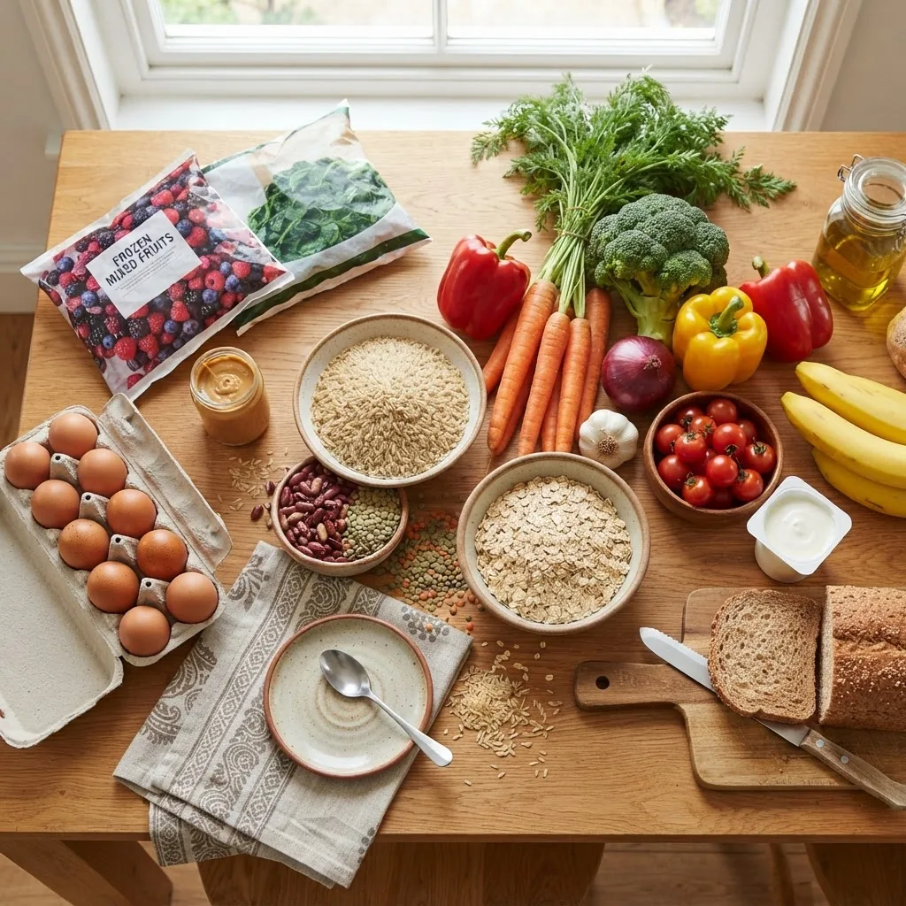 a wooden kitchen table with an assortment of budget-friendly healthy foods such as brown rice, dried beans, fresh seasonal vegetables,