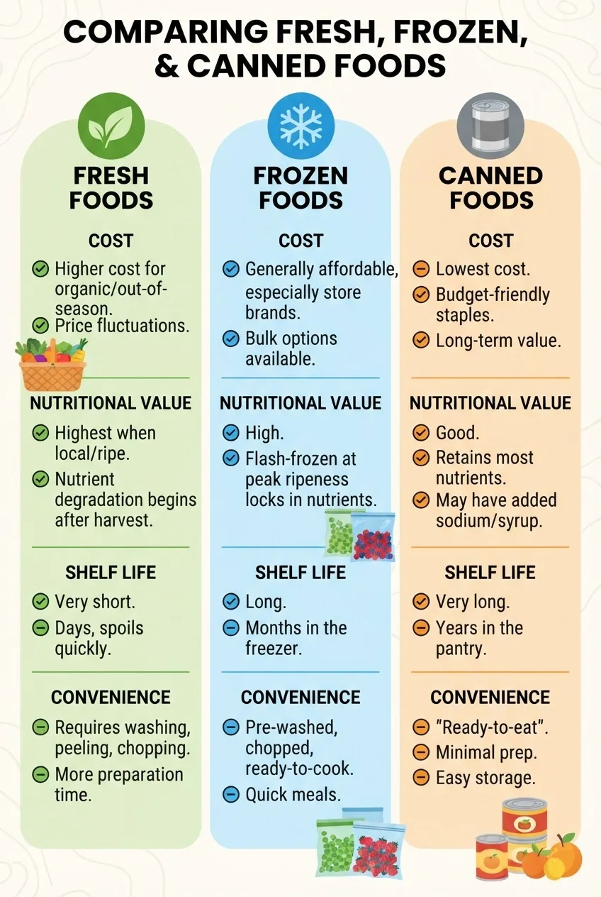 A three-column infographic comparing fresh, frozen, and canned foods side-by-side; each column with an icon (leaf for fresh, snowflake for