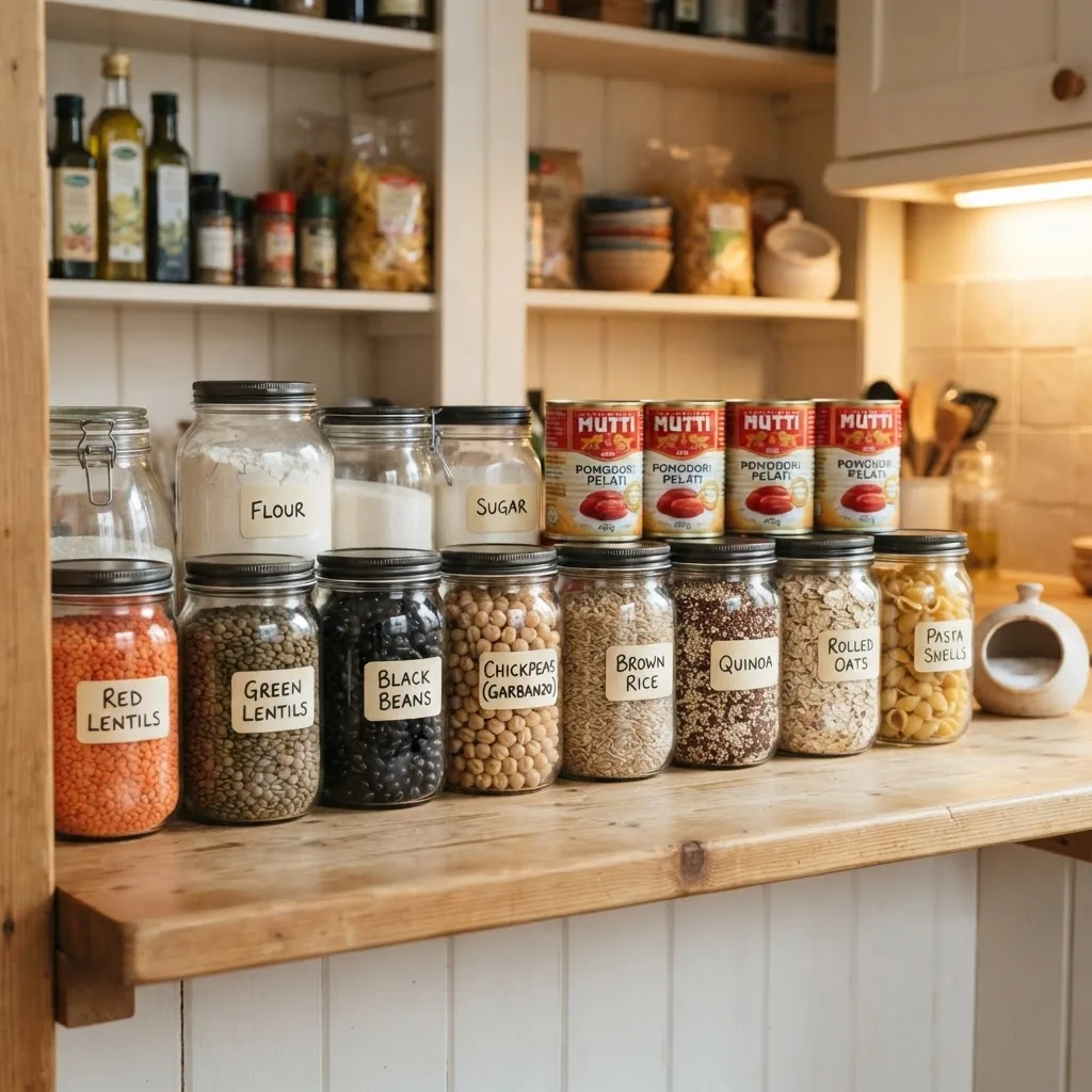 a well-organized pantry shelf featuring labeled jars of common inexpensive vegetarian staples such as lentils, beans, rice, oats, and