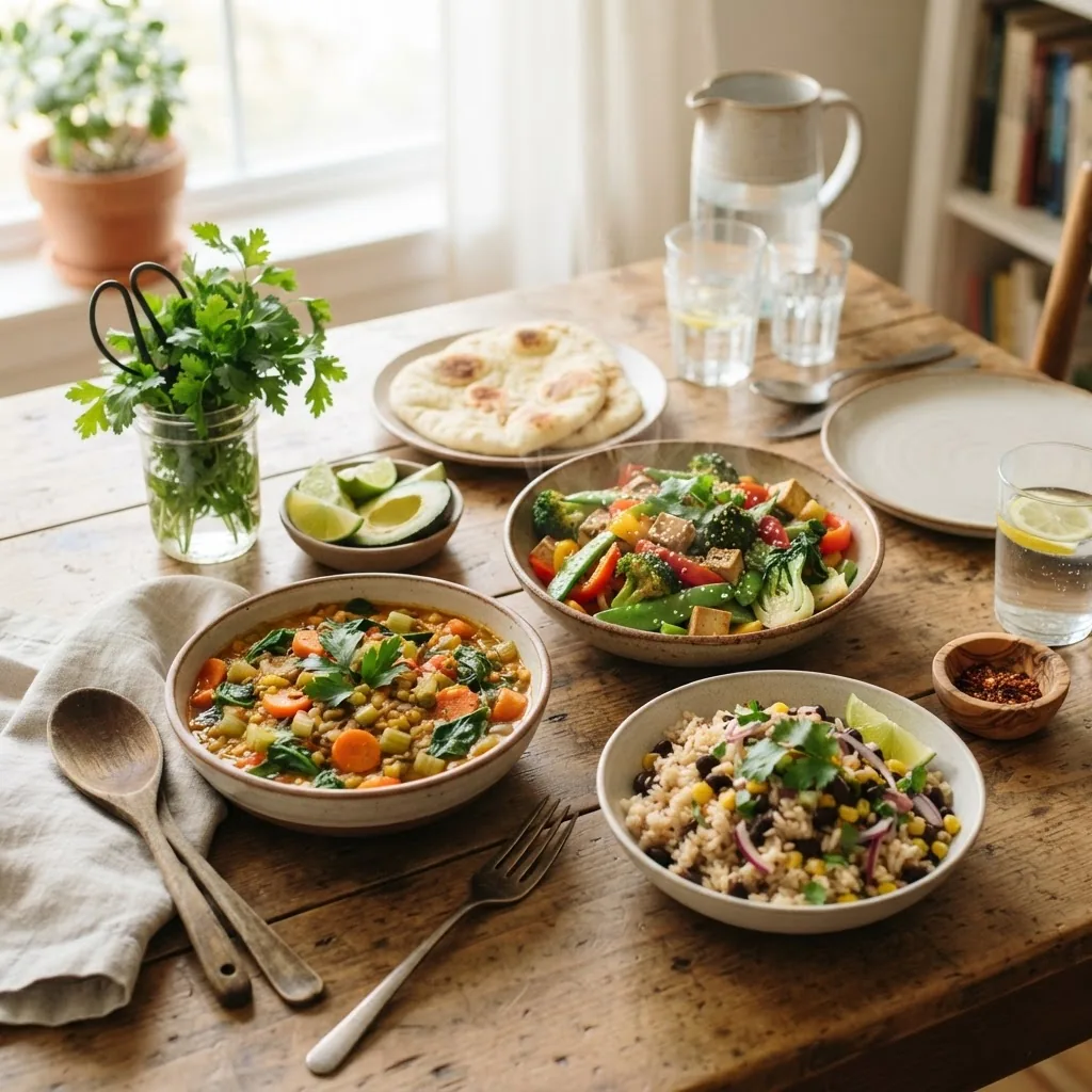a variety of quick vegetarian dishes arranged on a rustic wooden table, including bowls of lentil stew, vegetable stir-fry, rice and beans,