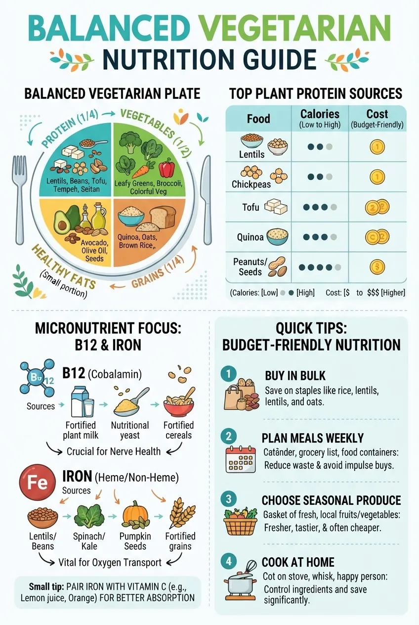 shows: (1) balanced vegetarian plate sections with icons for protein, grains, vegetables, fats; (2) top plant protein sources with calorie