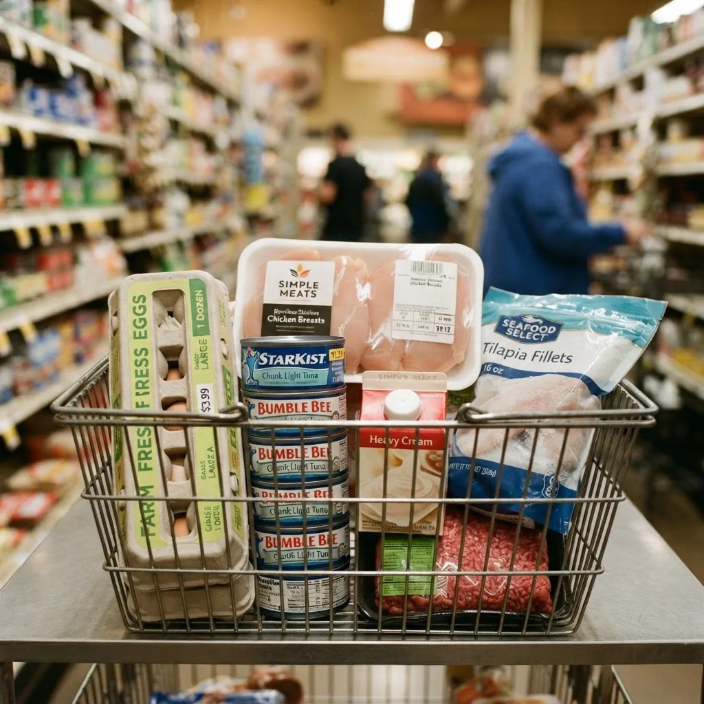 Close-up photo of a grocery store basket filled with affordable animal protein items like eggs, canned tuna, chicken breasts, and frozen