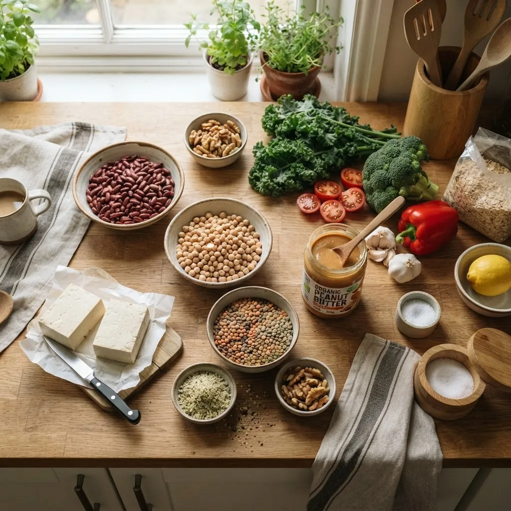 Overhead shot of a kitchen counter displaying bowls of diverse affordable plant-based proteins: dried beans, lentils, tofu blocks, peanut