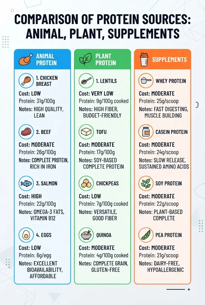 A clean infographic with three vertical columns labeled Animal Protein, Plant Protein, Supplements; each column shows 4 protein sources