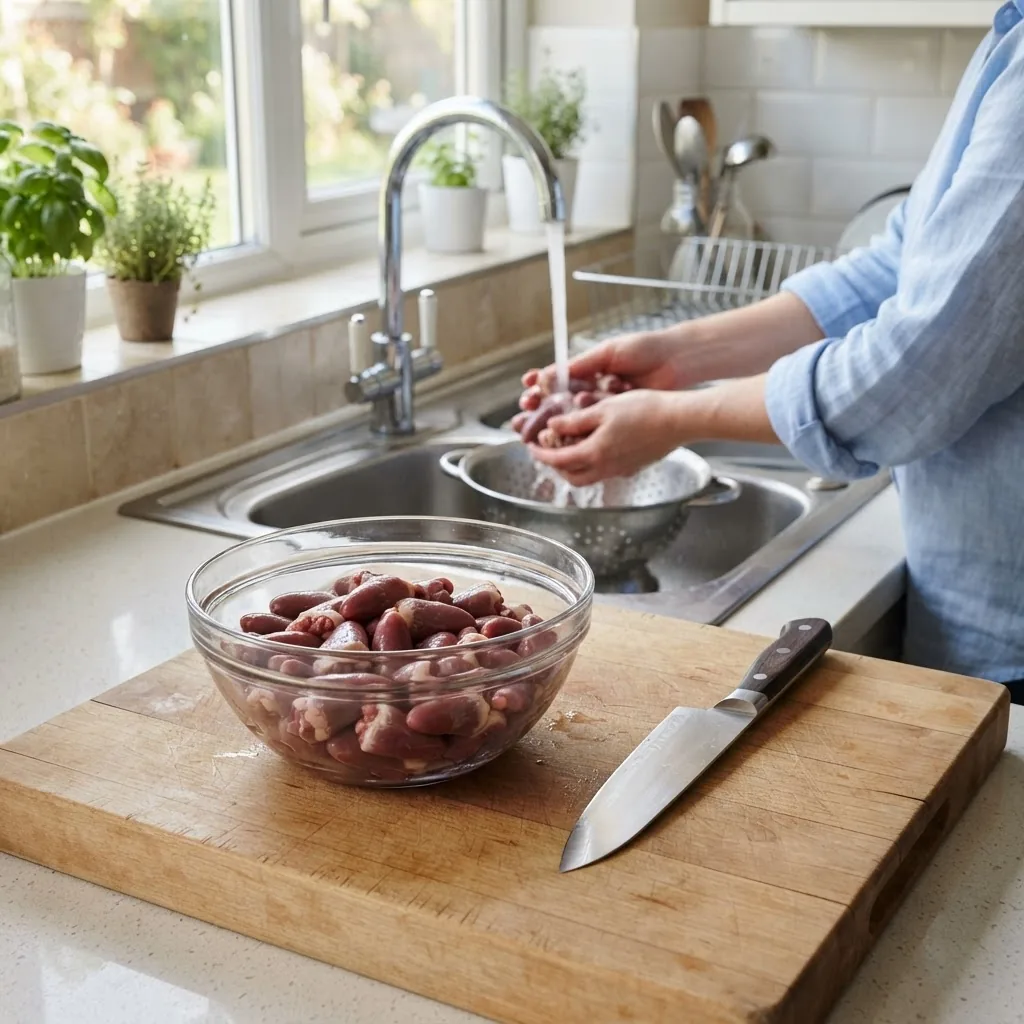 clean, bright kitchen scene showing raw chicken hearts in a clear glass bowl with a sharp knife next to it on a wooden cutting board, with