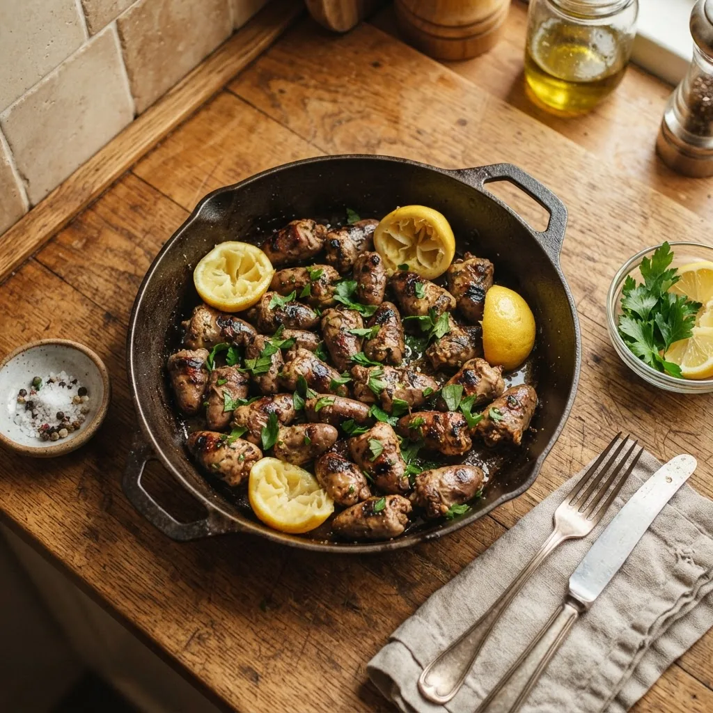 Close-up, well-lit photograph of a rustic kitchen counter with freshly cooked grilled chicken hearts on a cast iron skillet, garnished with