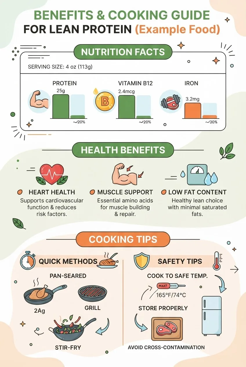 Vertical infographic with three main sections: nutrition facts panel showing protein, vitamin B12, and iron content with icons; benefits