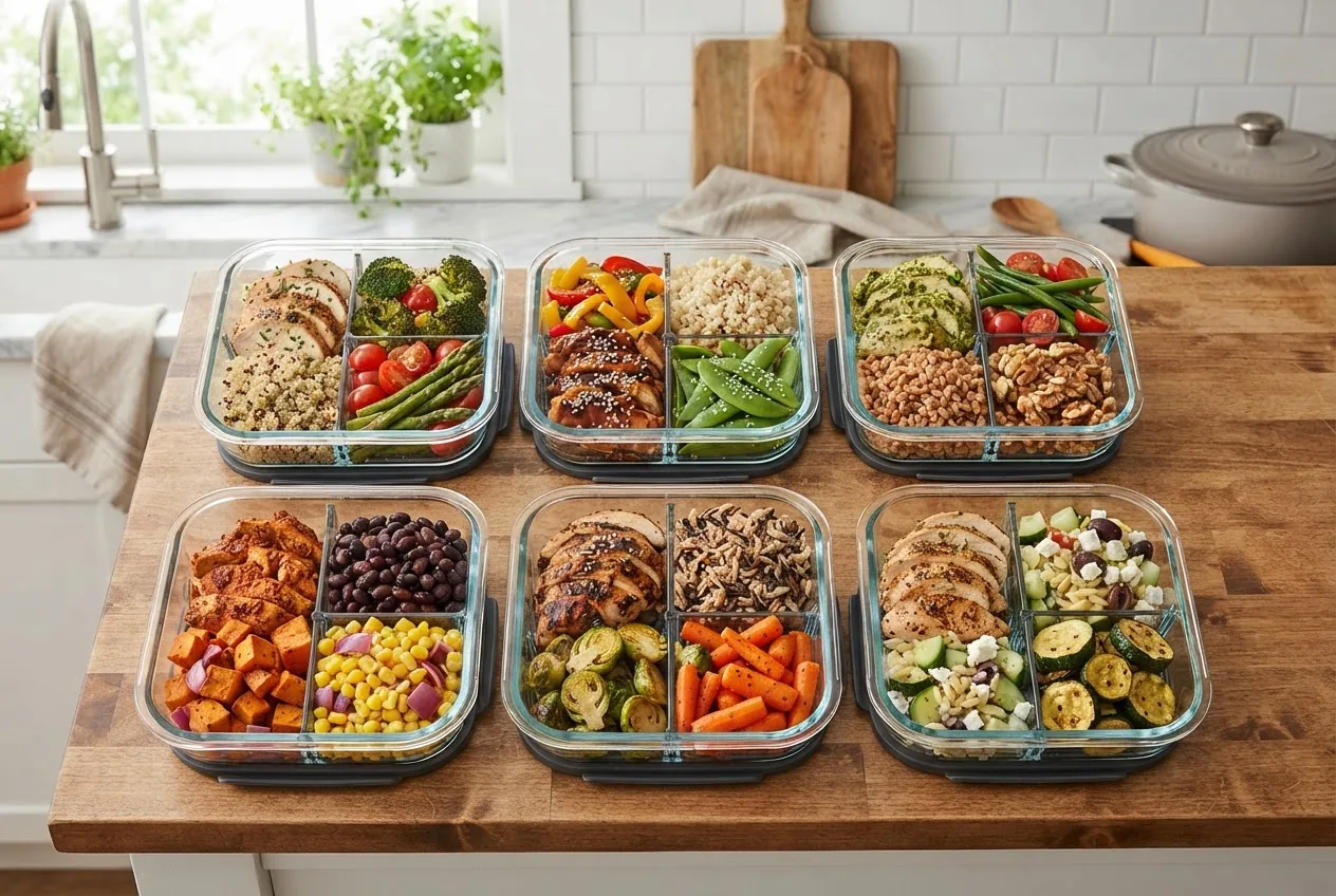 A colorful overhead shot of multiple meal prep containers filled with a variety of chicken breast dishes with vegetables and grains, bright