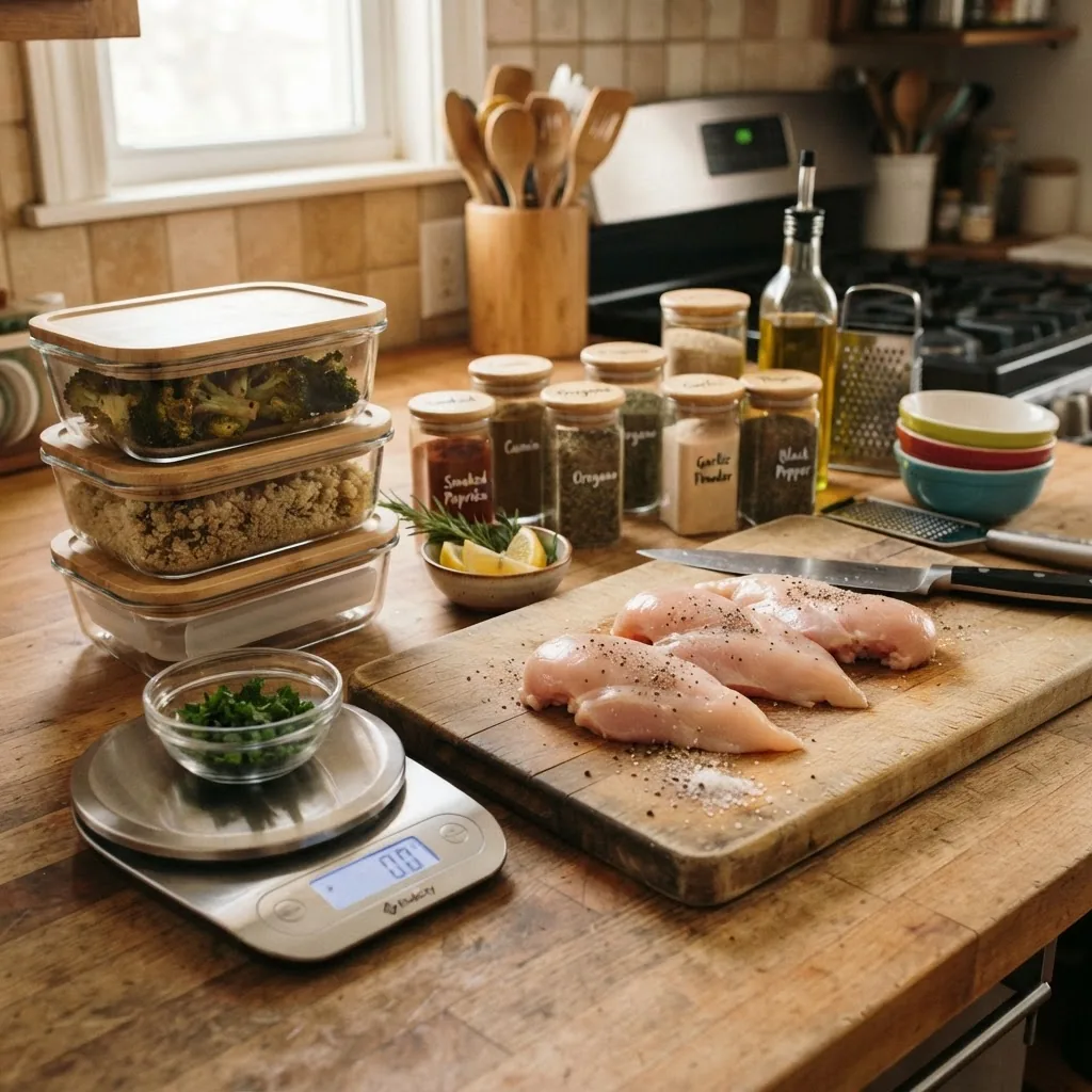essential meal prep tools on a kitchen counter: glass containers, digital kitchen scale, herbs and spices jars, a cutting board with raw
