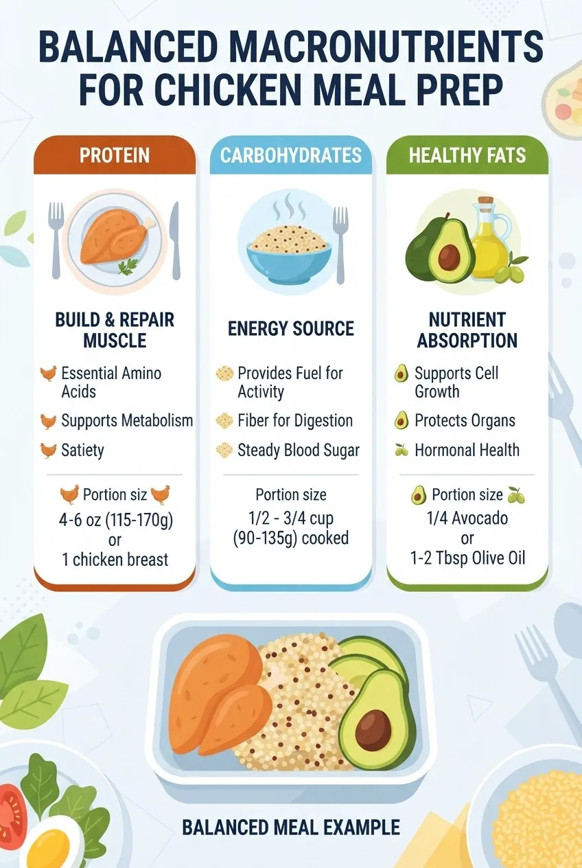 Infographic illustrating macronutrient balance: three columns showing proportions of protein, carbs, and fats for chicken meal prep; each