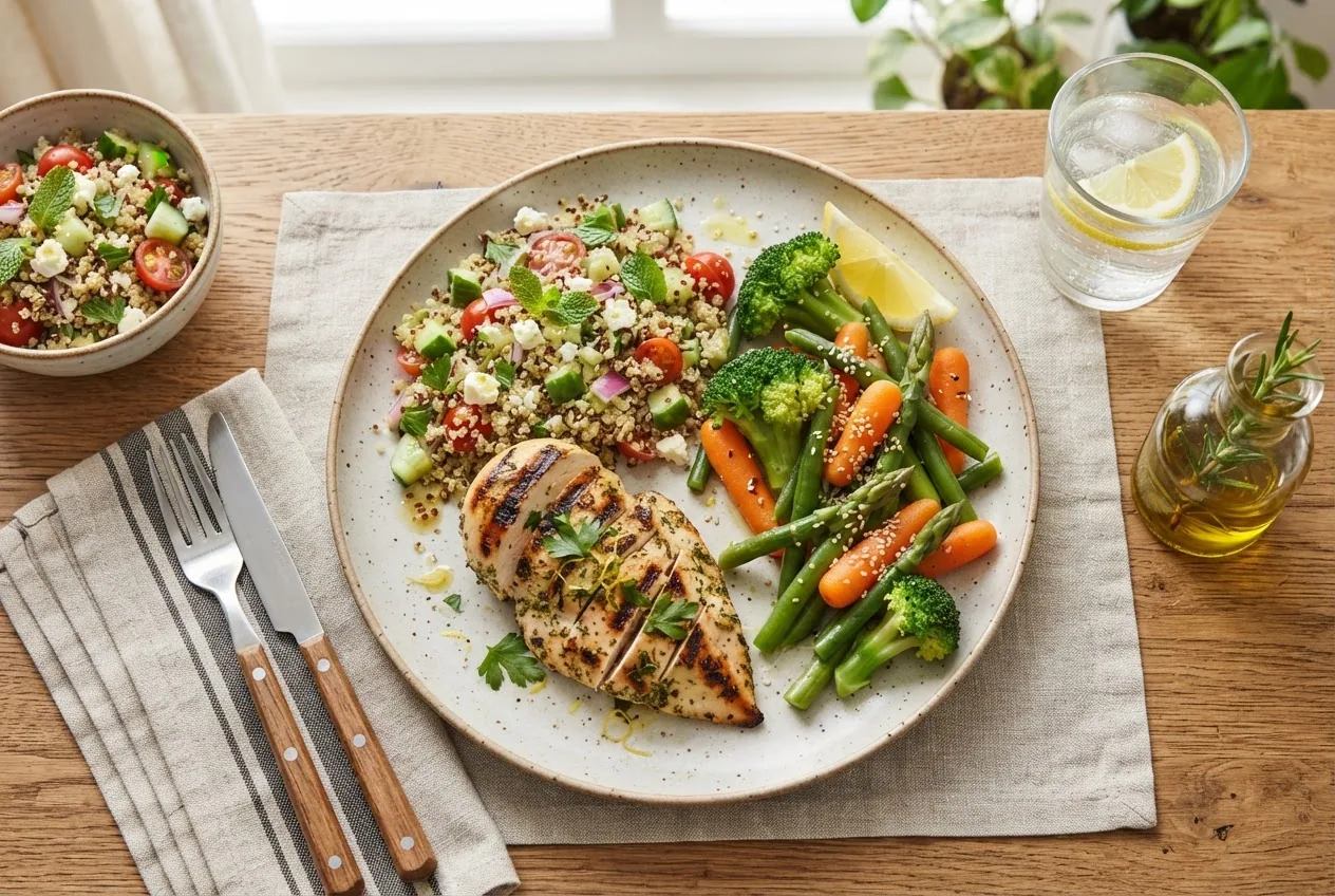 A high-resolution image of a colorful grilled chicken breast plated with fresh steamed vegetables and quinoa salad, bright natural