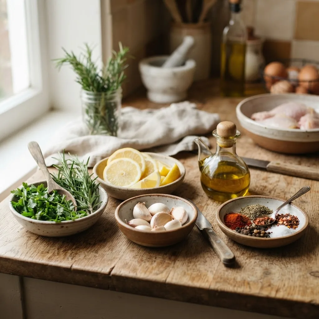 Close-up photograph of small bowls containing vibrant fresh herbs, lemon slices, garlic cloves, olive oil, and spices arranged artistically