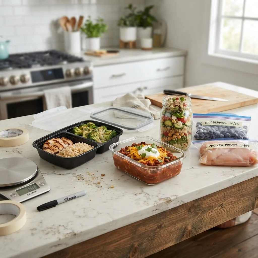 three meal-prep containers open on a kitchen island: one with grilled chicken, brown rice and broccoli; one with turkey chili in a glass