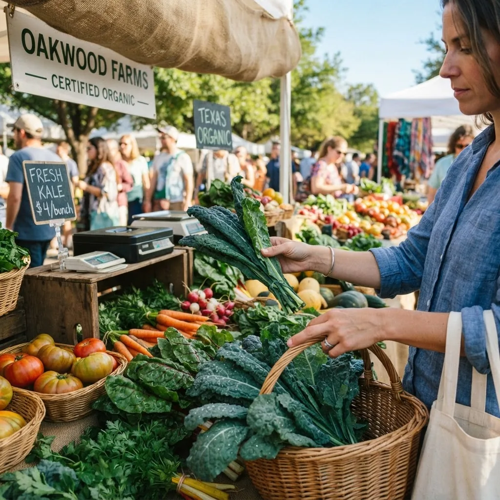 A vibrant grocery shopping scene in a farmers’ market in Texas showing a person’s hands selecting fresh leafy greens, organic produce