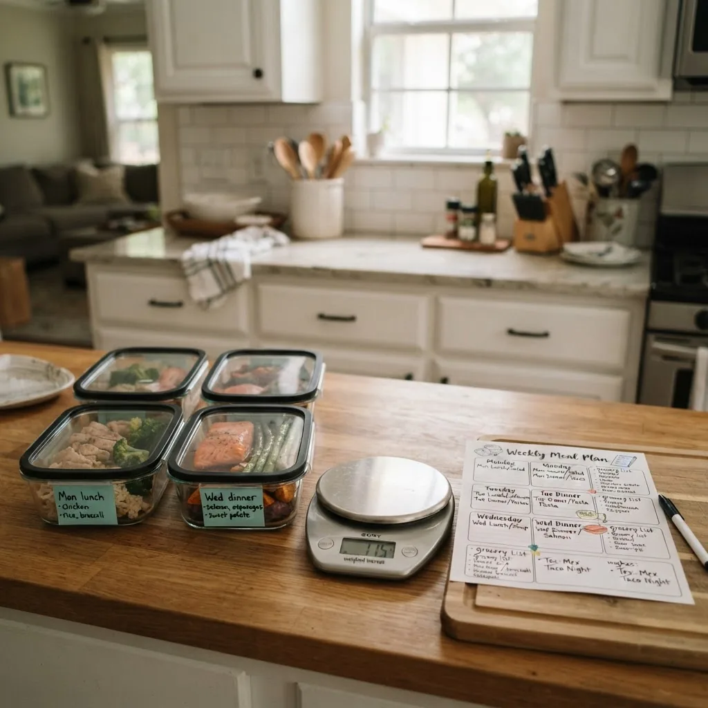 a kitchen counter showing labeled meal-prep containers with sticky notes indicating "Mon lunch" and "Wed dinner", a digital kitchen scale